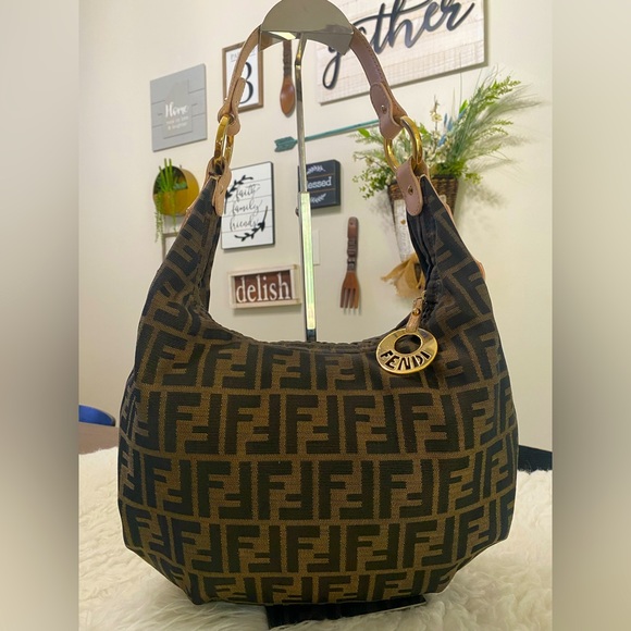 Fendi Handbags - Fendi Tobacco/Pink Zucca Canvas and Leather Medium Chef Hobo